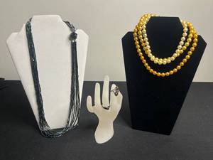 925 Ring & Beaded Necklaces - BlueBlack Multi-Strand Glass Beads & Gold Faux Pearl Strand