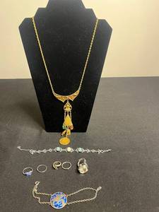 ART Gold-Tone Necklace with Crescent Pendant & Colorful Drops 925 Ring, Bracelet w Ethiopian Opals & More