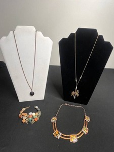 VTG Matisse Amber & Turquoise Necklace, Gold-Tone Mosaic Bead Bracelet, Gold Tone Necklace w Horse Pendant, Necklace Greek Like Cameo