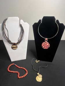 Chicos Leather Multi-Strand Pendant Necklace, Casual Corner Orange Circular Pendant Necklace, Coral Bead Necklace