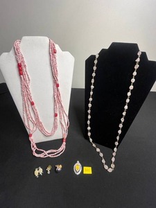 Pretty Sterling Pendant, Pink Bead Necklace w Multi-Strand Beads with Red Accents & Pale Pink Chain & VTG Bird Pins