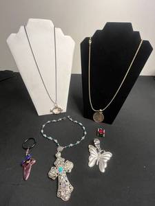 Gold Tone Chain Necklace with Medallion Pendant Silver Filigree Cross Pendant Turquoise Bead Jewelry