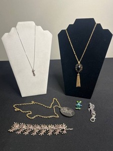 Vintage Jewelry Set 2 Necklaces with Ornate Pendants, Tassel Drop & Floral Charms, 12K GF Chain w Floral Locket, Bunny Pin & More