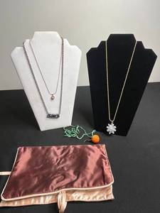 VTG Necklace Set Silver Tone Bar Pendant Necklace, & Gold Tone Floral Crystal Pendant, Pink Gem Stone Pendant, Orange Pendant in Travel Bag