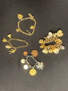 Lot of VTG Charm Bracelets - Gold-Tone with Coin & Seashell Charms