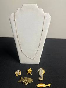 12K GF Gold-Filled Necklace, 10K GF Eagle Pin & Assorted Marine Pins with Seahorse & Sea Creature Charms