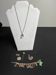 Faux Pearl Pendant Necklace w Matching Earrings, Minneapolis Letter Bracelet - Gold-tone Chain with Minnesota State Charm & Gemstone Chicken Pin