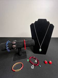 24K GP Bracelet, Green Frog Pendant Necklace on Silver Tone Chain & Lot of VTG Stretch & Bangle Bracelets & Earrings
