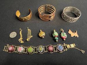 Vintage Enamel Floral Bracelet Set with Earrings & Copper Cuff & Scottie Dog Pendant