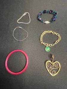 Blue Gemstone Bracelet w 925 Clasp, Gold-Tone Filigree Heart Pendant - Beaded Crystal Bracelet & Green Enamel Disc Chain