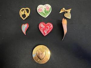 Lot of VTG Heart Pins Inc 12K GF Gold Love Heart Locket Pendant w Bow Charm - Hand-Painted Orchid Front & Laurel Burch Dove Heart Brooch & More