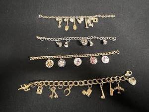 Set of 4 Assorted Charm Bracelets - Gold-Tone with Enamel Discs & Key Pendants