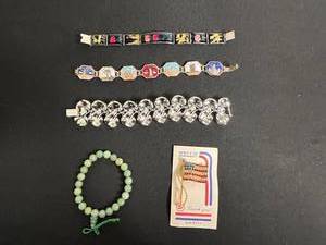 VTG Lot of Bracelets - Lissner, Jade Like Bead Bracelet & City Skyline Enamel Links and American Flag Pin
