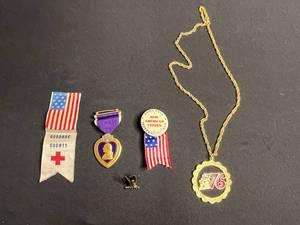 VTG Purple Heart Pin, Eagle Pin, Gold Tone Necklace w Bicentennial Pendant, Independence Pin w Ribbon