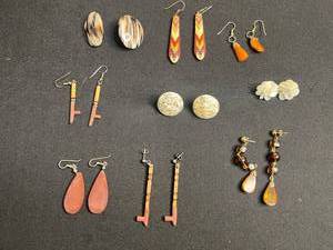 Boho Jewelry Set Inc Shell Mosaic Earrings & Coral Inlay Drop Pendants