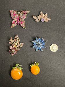 Vintage Rhinestone Brooch Set - Butterfly, Floral & Starburst in Gold-Tone Inc HAR Orange Pin
