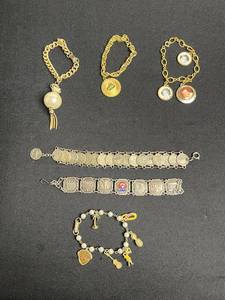 Two 12K GF Bracelets, Vintage Paris Tour Eiffel Medallion Charm Bracelet Set, Gold Tone Hawaii Charm Bracelet