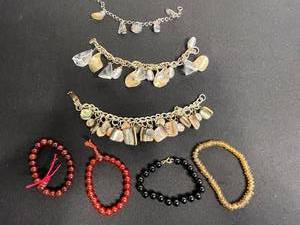 VTG BeadStone Charm Bracelets Collection - Red, Black & Amber Shell Beads & Stretchy Bracelets