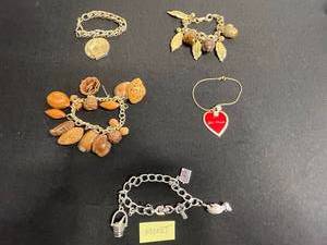 VTG Assorted GoldSilver-Tone Charm Bracelet Lot Inc Monet & Boucher - Leaf & Acorn Charms, Dice & Coin Pendants
