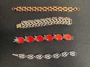 VTG Bracelets Inc Trifari - Red Cabochon & Crystal Vine, Silver & Copper Links