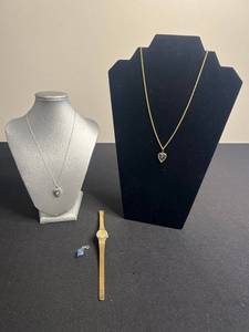 Jules Jurgensen Womens Watch (untested) & Gold Tone Mustard Seed & Silver Tone Blue Gemstone Heart Pendant Necklaces