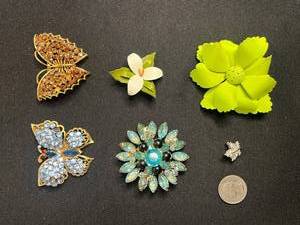 Vintage Rhinestone Brooch Set - Butterfly & Floral Pins Inc Keyes