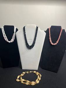 VTG Bead Necklace Set - Inc Laguna Black Faceted, White Speckled & Pink Bead Necklaces