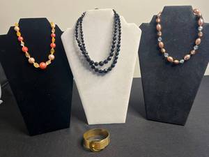 Beaded Necklace Set Black Onyx Strand, CoralPeach Glass & Brown Pearl Like w Gold Tone Buckle Bracelet