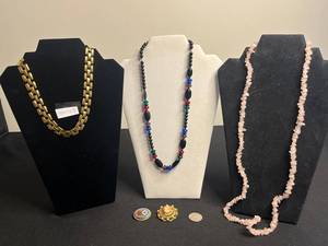 Florenza Gold Tone Cameo Pin, Napier Gold-Tone Cuban Link Necklace, Black Bead Necklace, Pink Rose Quartz Necklace & Mosaic Pin