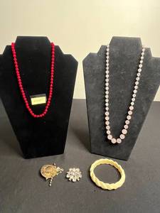 VTG Monet Red Glass Beaded Necklace, Pink Weiss Brooch, Pearlescent Bead Strand, Bangle Bracelet & More