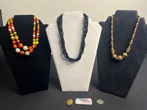 VTG Beaded Necklaces (Lot of 3) - Multicolor, Black Glass & Goldtone, Cloth Flag Pin & Mosaic Brooch