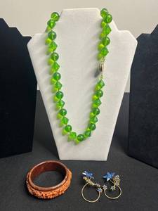 VTG Green Bead Necklace, Floral Blue Crystal Earrings & Orange Celluloid Bangle Bracelet