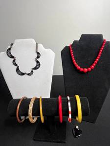 Crescent Moon Enamel & Red Coral Bead Necklaces w Bangle Bracelets & Heart Pendant