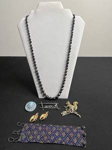 VTG Jewelry Ensemble Dark Hematite Like Bead Necklace, Turquoise Cabochon Brooch, Coro Bird Pins & More