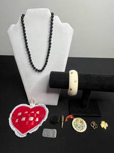 VTG Black Onyx Like Beaded Necklace w 925 Clasp, Pen Clip, Gold Tone Heart Bangel Bracelet, Scout Pins & More