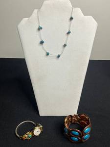 Turquoise Lot Inc Timex Quartz Gold-Tone Watch with Turquoise Bead Embellishments, Necklace & Matisse Cuff Bracelet