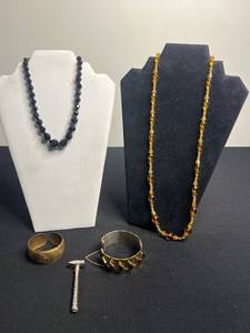 1933 Gold Tone Expo Cuff Bracelet, Black Onyx Beaded Necklace, Amber Glass Beaded Necklace, Gold Tone Bracelet w Safety Chain & More