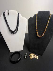 Glass Nude Pendant, Beaded Necklaces Set - Black Glass Bead Double-Strand Necklace & Amber Crystal Bead Necklace w Gold Tone Bracelet