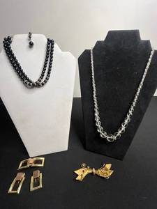 Gold-Tone Geometric Pin and Brooch Set, Black Glass Beads Necklace, Crystal-Accent Necklace & Butterfly Pin