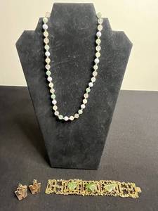 Lawrence Welk Gold-Tone Cuff Links, Bead Necklace Set with Century Green Jade Like Beads, Century Bracelet w Green Stones