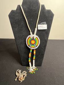 Hand-Beaded Rainbow Circular Pendant Necklace with Tassels & Dragon Pin