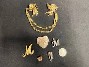 Gold-Tone Double Angel Charm Brooch with Twin Cherub Pendants on Thick Chain & M Pins and Pendant Inc Mamselle