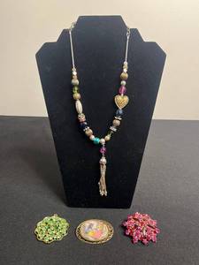 VTG Rhinestone Brooches & Chicos Beaded Necklace with Ornate Gold-Tone Heart Pendant & Tassel