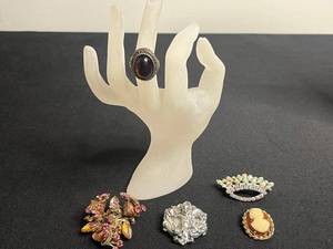 Vintage Gold-Tone 12K GF Ring with Carnelian Cabochon, Cameo Pin & Floral Rhinestone Brooches