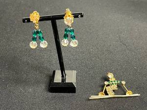 Gold-Tone Crystal Drop Earrings with Emerald Green Beads & Hobe Gemstone Ski Pin