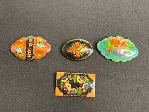 Khokhloma Style Hand-Painted Floral Lacquer Brooches