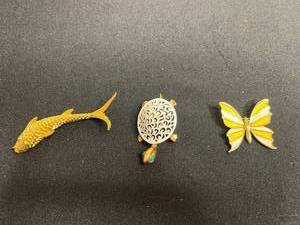 Gold-Tone Napier Butterfly Brooch with Filigree Round Center & Enamel Wings, Monet Fish & Gold Tone Turtle