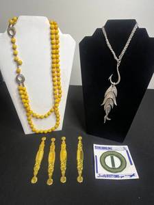 Double Strand Yellow Bead Necklace, Silver Fishhook Pendant Necklace & Gold Tone Pincher Leaf Drops, Large VTG Green Buckle Button