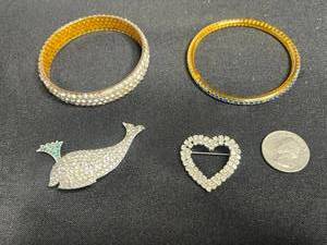 Blingy Whale & Heart Pendants & Pav Bracelets Set Gold-Tone Crystal Bangles