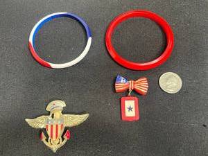 Patriotic Eagle Crest Pin with American Flag Shield, American Flag Bow Tie Pin w Red, White & Blue Bangle Bracelets